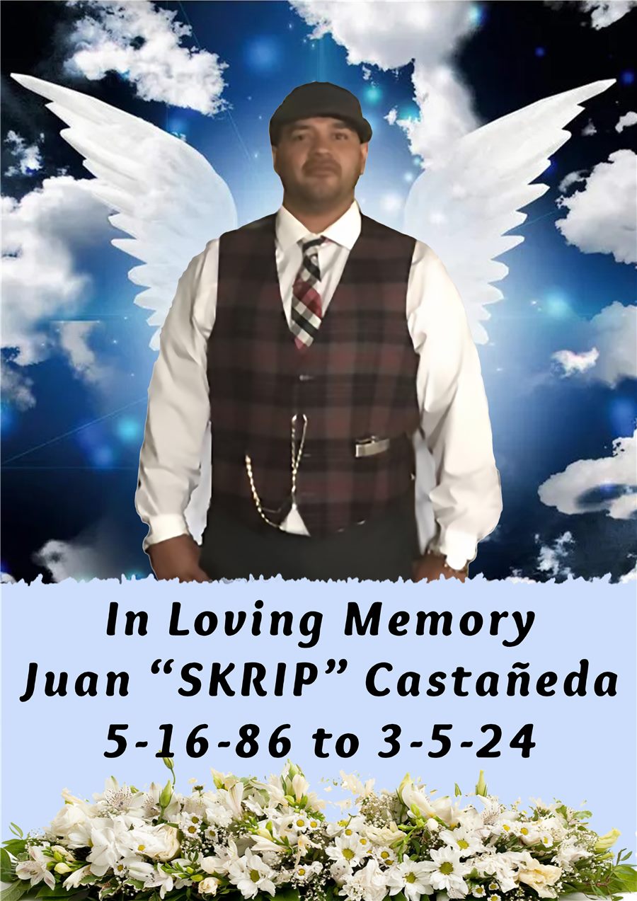 Custom memorial tribute design example — In Loving Memory, Juan Castañeda